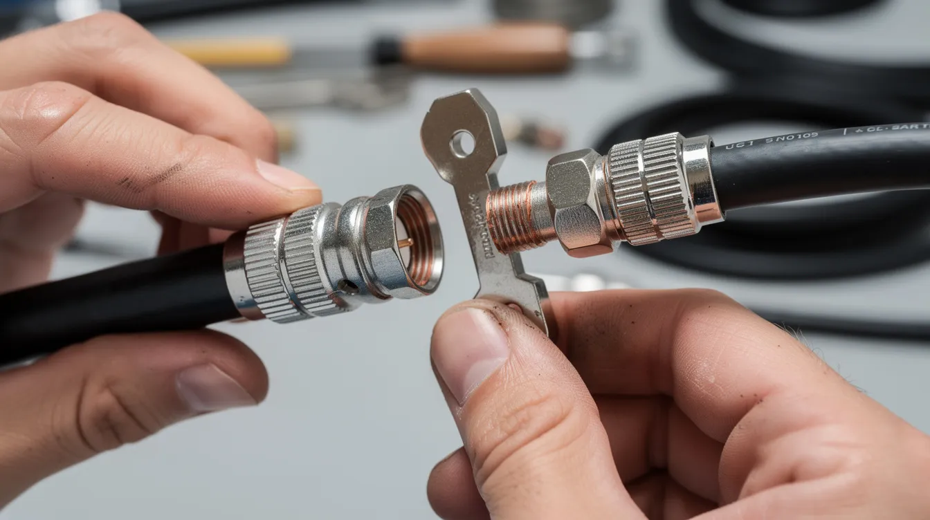 The image shows a close-up view of coaxial cables and connectors being expertly installed by a skilled technician, highlighting the intricate details of the setup process for DSTV installation services. This professional installation ensures optimal signal quality for a seamless viewing experience.