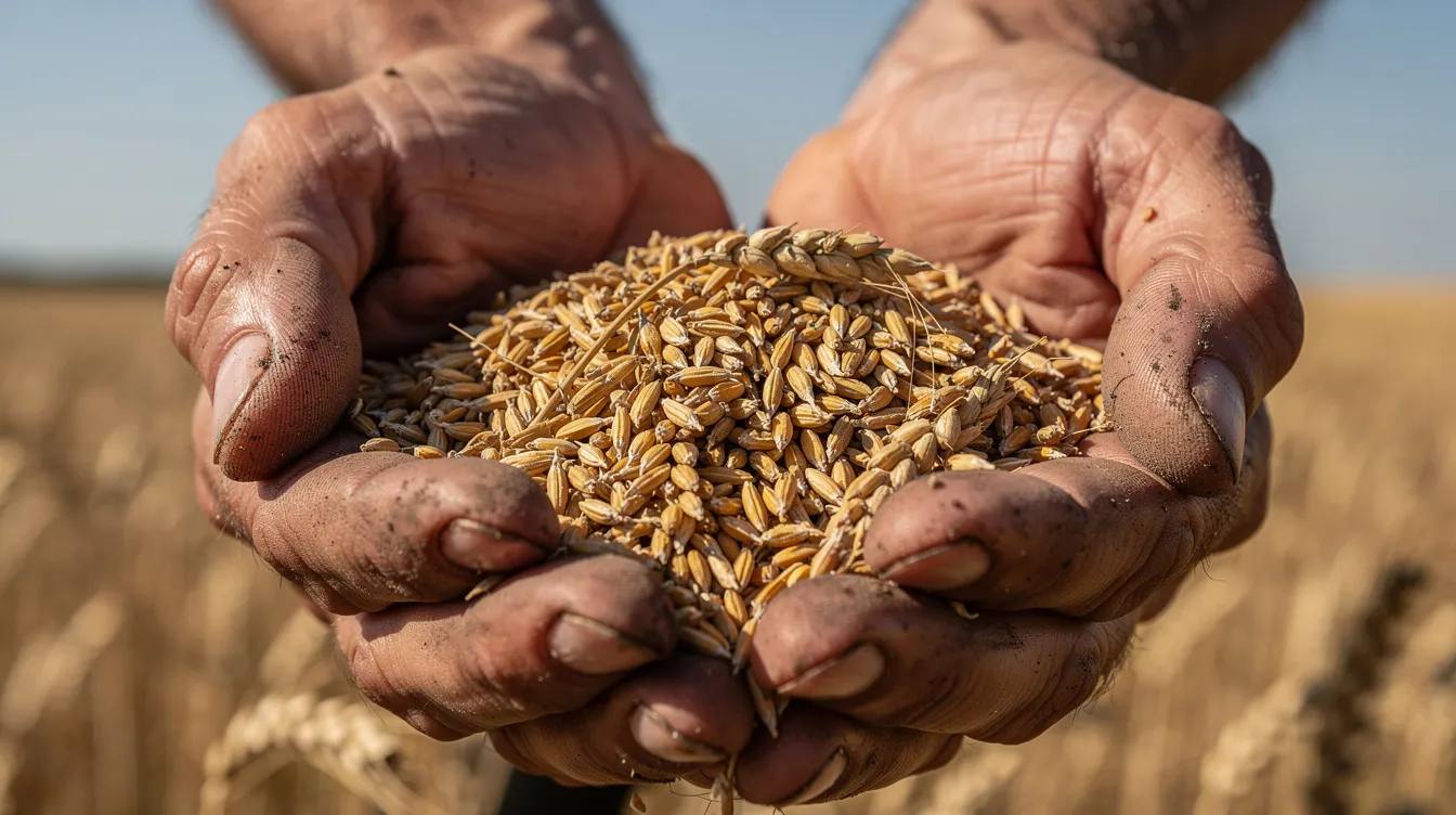 2762fa08 dcbb 4672 beb4 c85c0b29dc4d A farmer's hands cradle golden wheat grains, showcasing the raw material essential for flour milling, against a backdrop of a lush field. This close-up highlights the importance of wheat in the flour mill business, emphasizing its role in the manufacturing process and the production of baked goods.