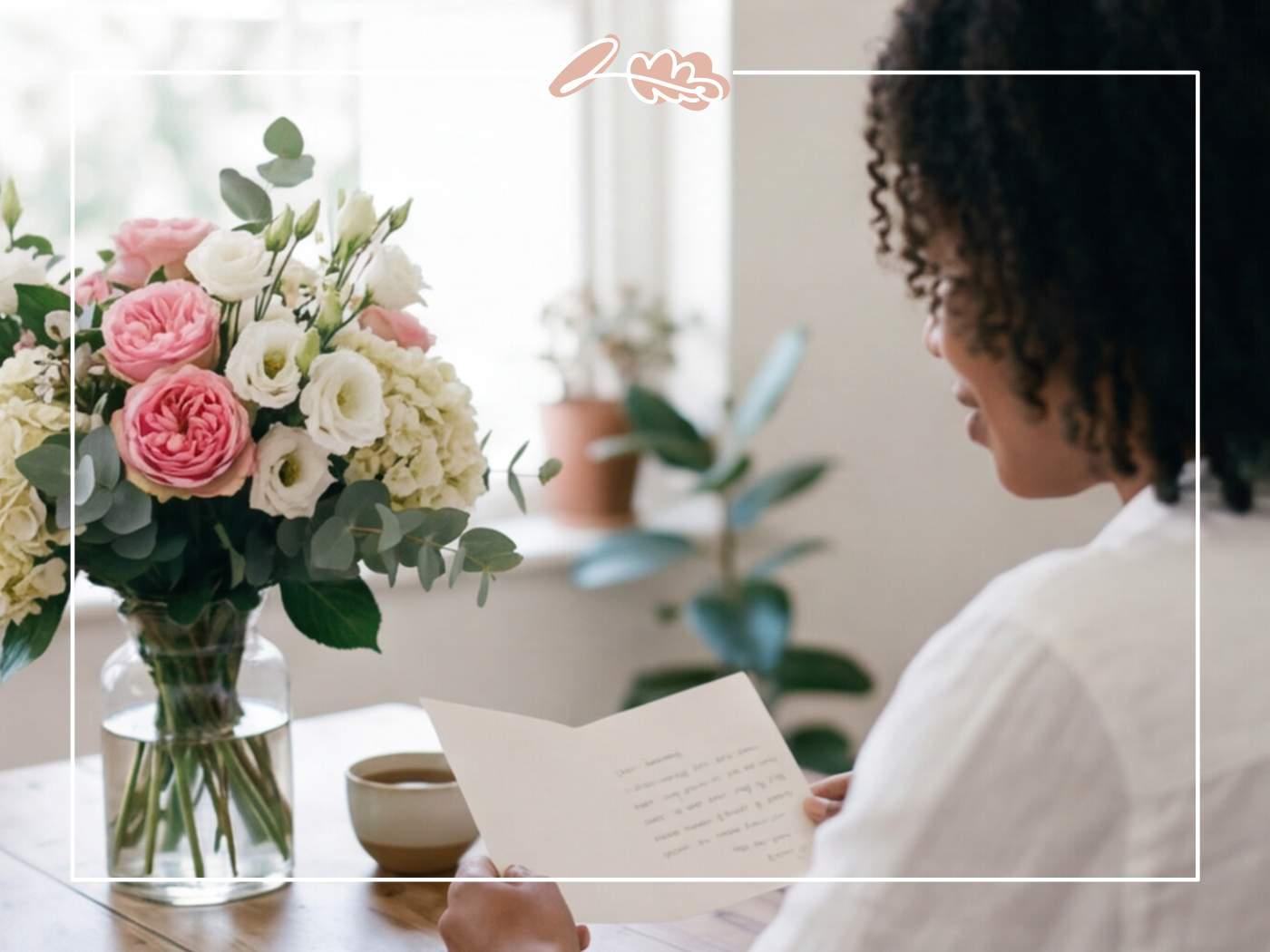 Wife reading her anniversary card with a soft pink rose and lisianthus bouquet on the table from her husband