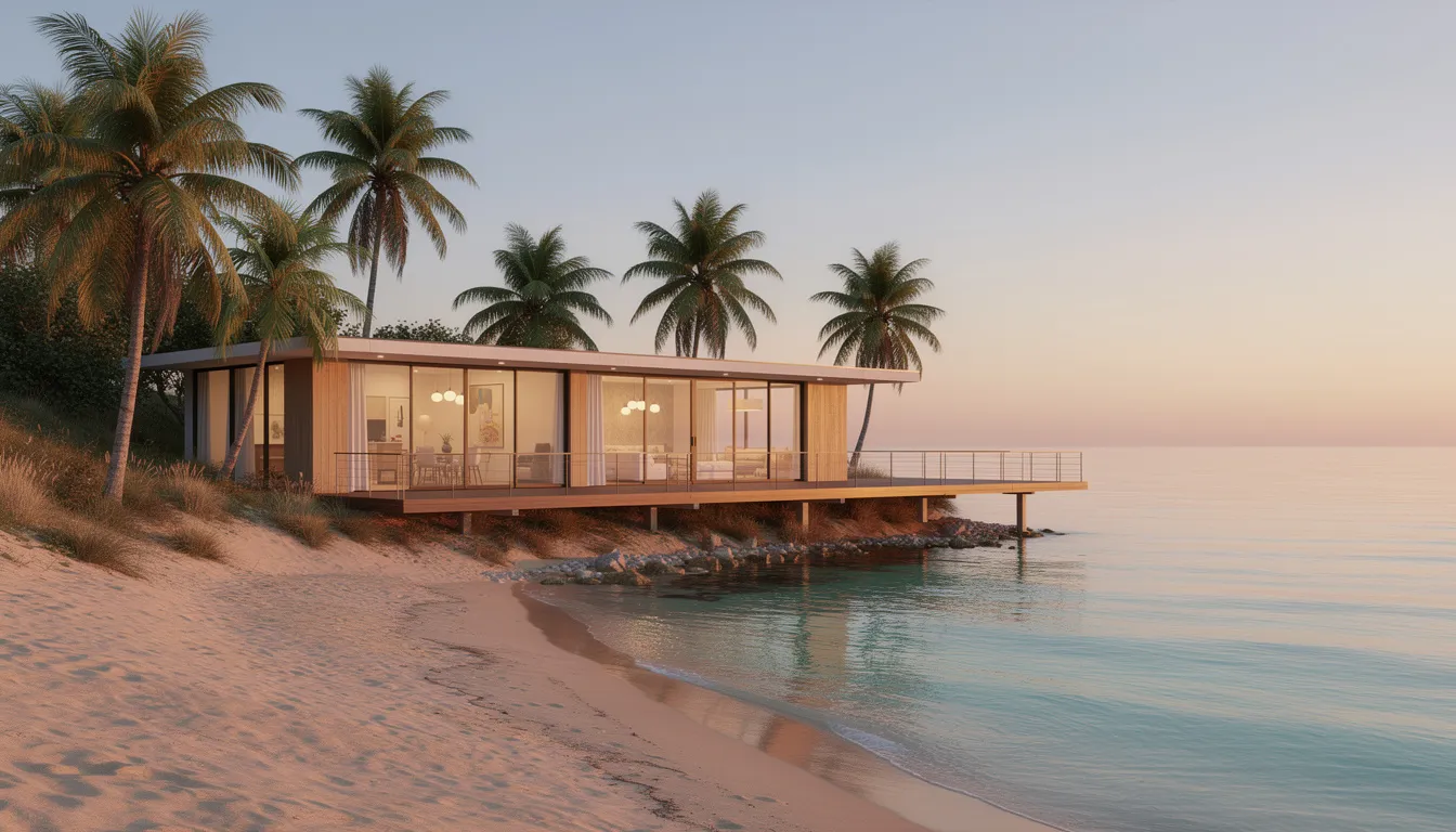 The image depicts a serene coastal home surrounded by palm trees, bathed in calm weather, evoking a sense of tranquility. This picturesque setting could resonate with homeowners considering their insurance coverage options, such as choosing the right deductible for their homeowners policy.