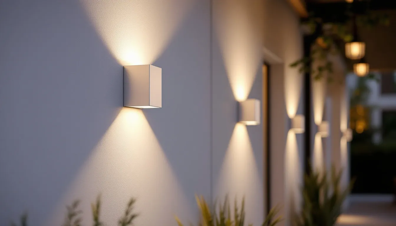 Key features of LED outdoor wall lanterns displayed in a modern setting.