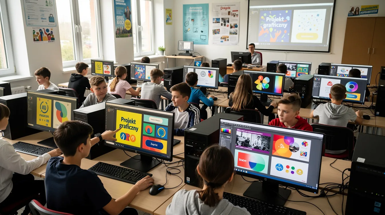 Na zdjęciu widać uczni&oacute;w pracujących przy komputerach w pracowni informatycznej, kt&oacute;rzy tworzą kolorowe projekty graficzne w ramach lekcji związanej z okazją dnia liczby pi. Grupy uczni&oacute;w angażują się w zadanie, kt&oacute;re rozwija ich spostrzegawczość i kreatywność.