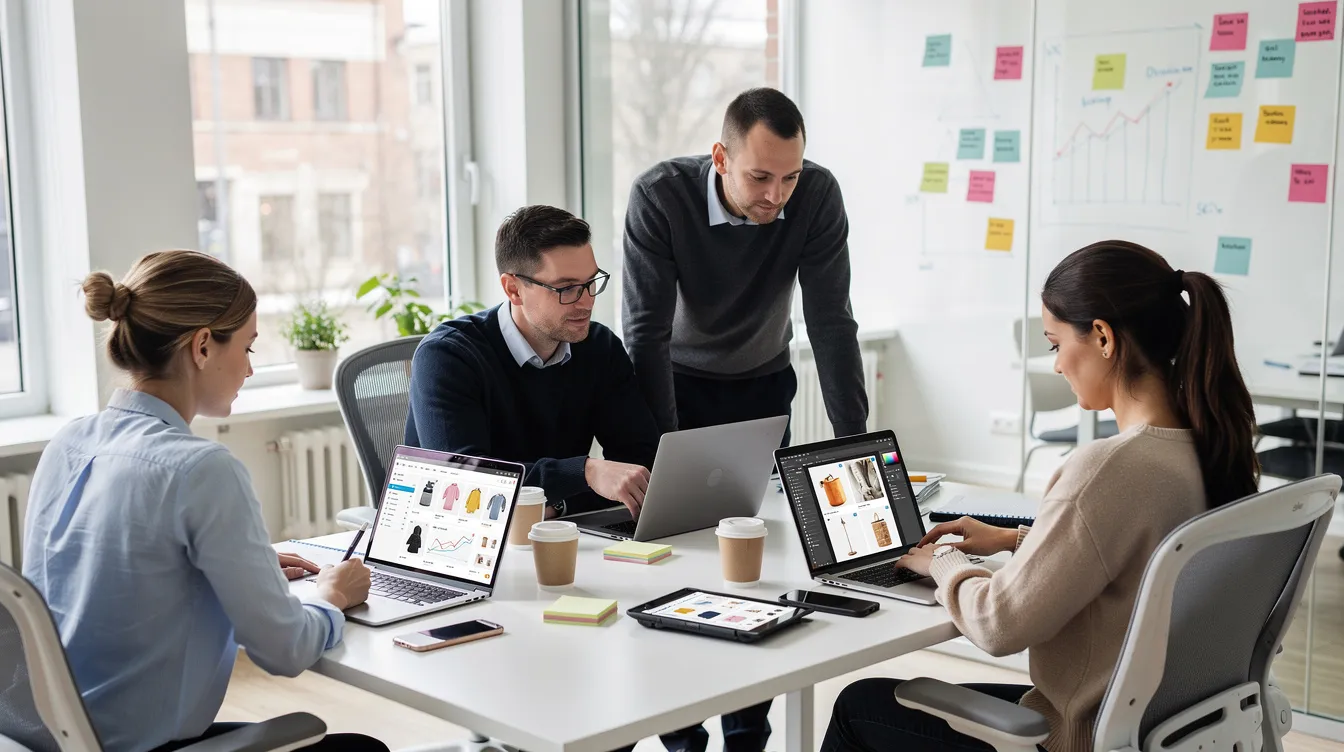 Et team arbejder koncentreret med webshopdrift på laptops i et moderne kontor, hvor de diskuterer løsninger på komplekse behov for deres kunder. De bruger Magento platformen til at optimere funktionaliteten og designet af webshops, hvilket giver dem fuld kontrol over deres e-handelsløsninger.