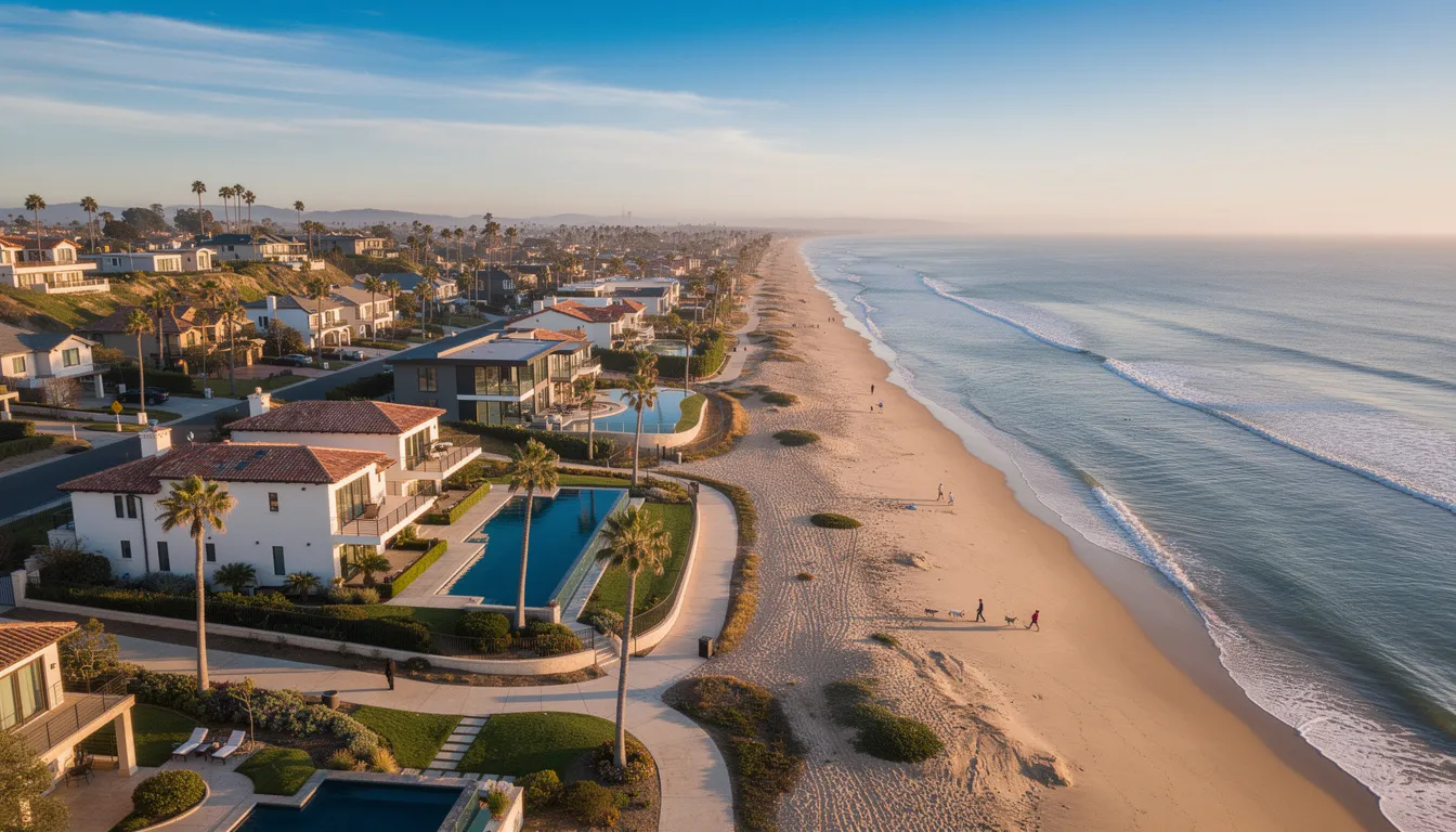 The image depicts a picturesque coastal community in Carlsbad, showcasing luxury residential areas with stunning ocean views and lush landscaping, reflecting the charm of North County San Diego. This vibrant community offers a serene environment for families, making it an ideal place for effective estate planning and securing a family's future through expert legal guidance and personalized estate plans.