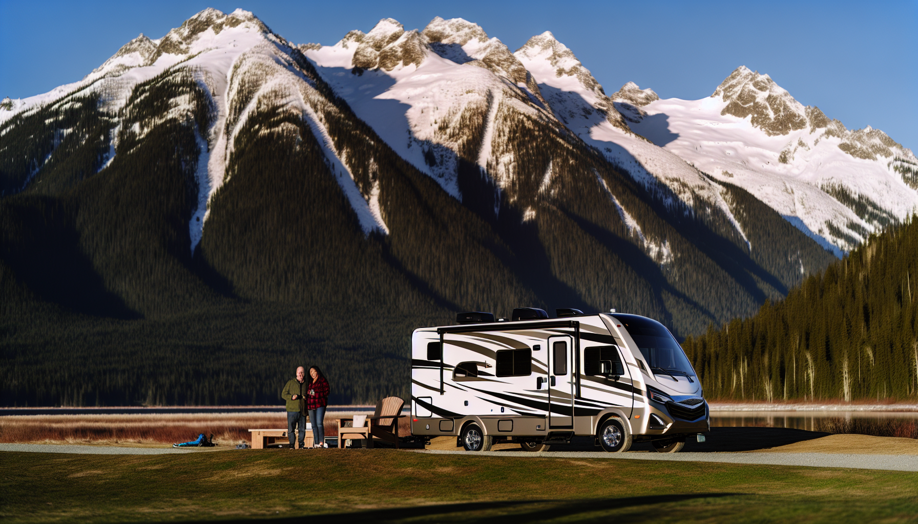RV parked in a scenic location with mountains in the background