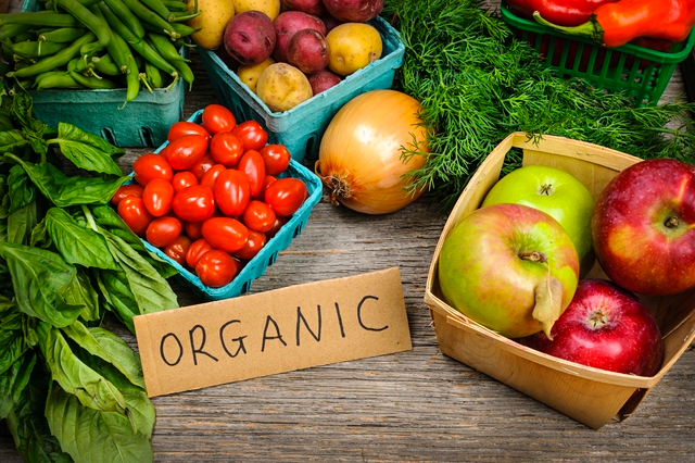 A picture of a variety of fresh organic fruits and vegetables, showcasing the benefits of organic food with their higher nutrient content.