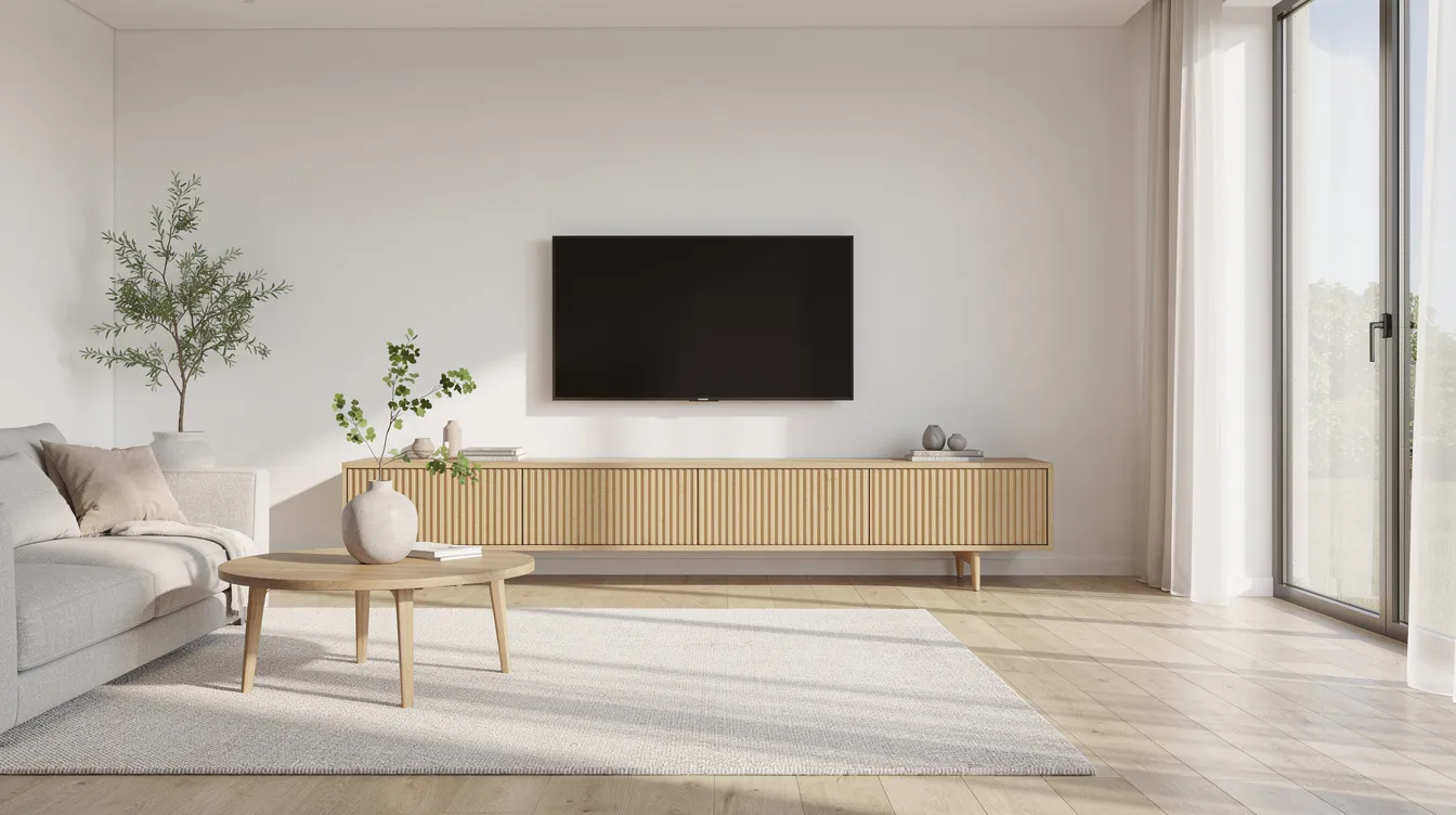 Rummet visar ett modernt skandinaviskt vardagsrum med en elegant tv bänk i trä med ribbade detaljer, placerad under en vägghängd TV. Naturligt ljus strömmar in genom fönstren och ger en varm och inbjudande känsla.