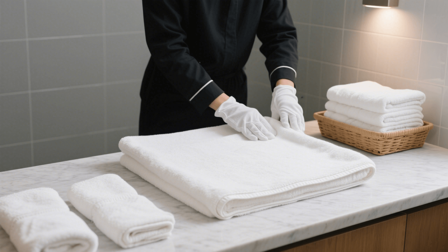Hotel staff are folding bath towels.
