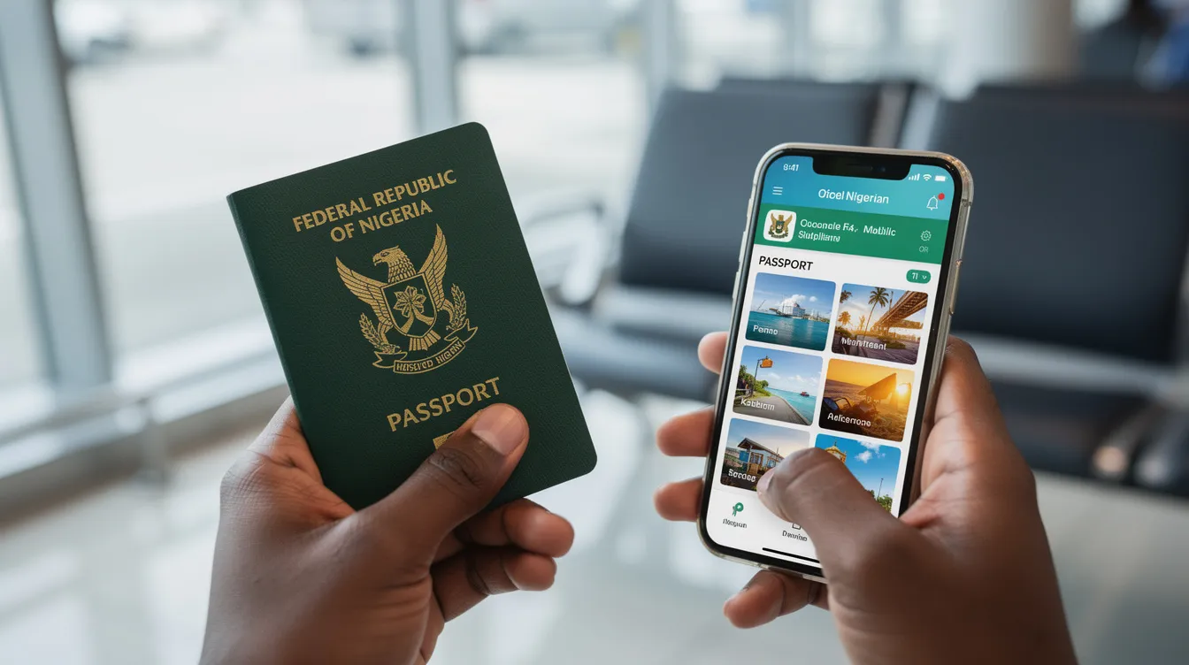 A person is holding a dark green Nigerian passport in one hand while using their other hand to check their phone screen, possibly looking for information related to the Nigerian passport renewal process. The setting suggests they are preparing for their appointment at the Nigeria High Commission in London.