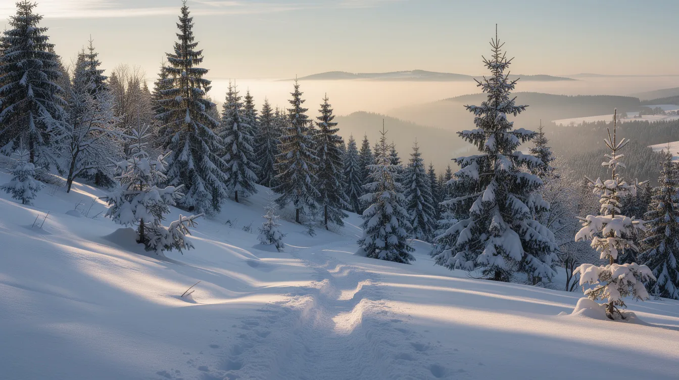 Die winterliche Schwarzwaldlandschaft zeigt eine malerische Szenerie mit schneebedeckten Tannen, die eine ruhige Atmosphäre schaffen. Diese Region ist ideal für einen Skiurlaub und bietet zahlreiche Wintersportmöglichkeiten, perfekt für Familien und Wintersportler, die die Vielfalt der deutschen Skigebiete erkunden möchten.