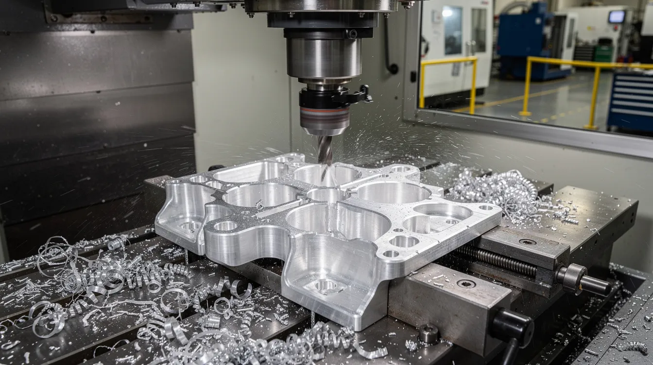 A close-up view of a 5-axis CNC milling machine in action, precisely cutting a complex aluminum aerospace bracket, with metal chips scattered around. The industrial factory floor is visible in the background, showcasing the environment where precision CNC machining services are performed.