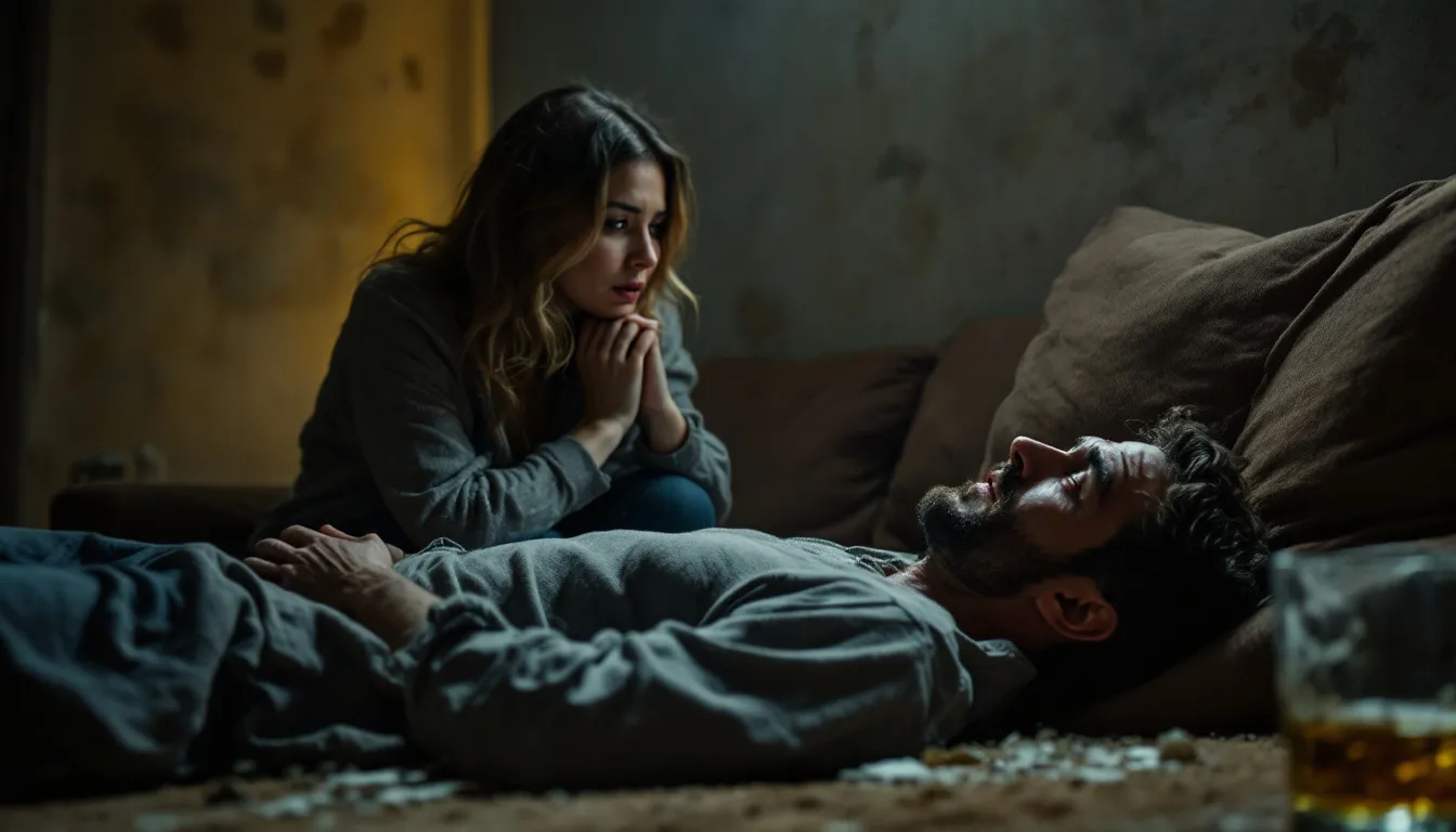 A couple navigating the challenges of being in a relationship with an alcoholic partner.