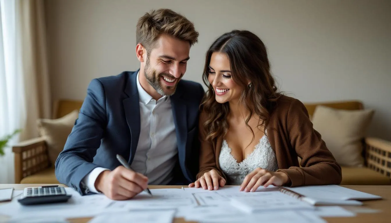Ein glückliches Brautpaar sitzt an einem Tisch und plant ihr Hochzeitsbudget, während sie einen Taschenrechner und verschiedene Dokumente zur Hand haben. Die Szene vermittelt den Eindruck von Vorfreude auf die Traumhochzeit und der finanziellen Planung, um die Kosten und Kreditmöglichkeiten für die Hochzeitsfeier zu überblicken.