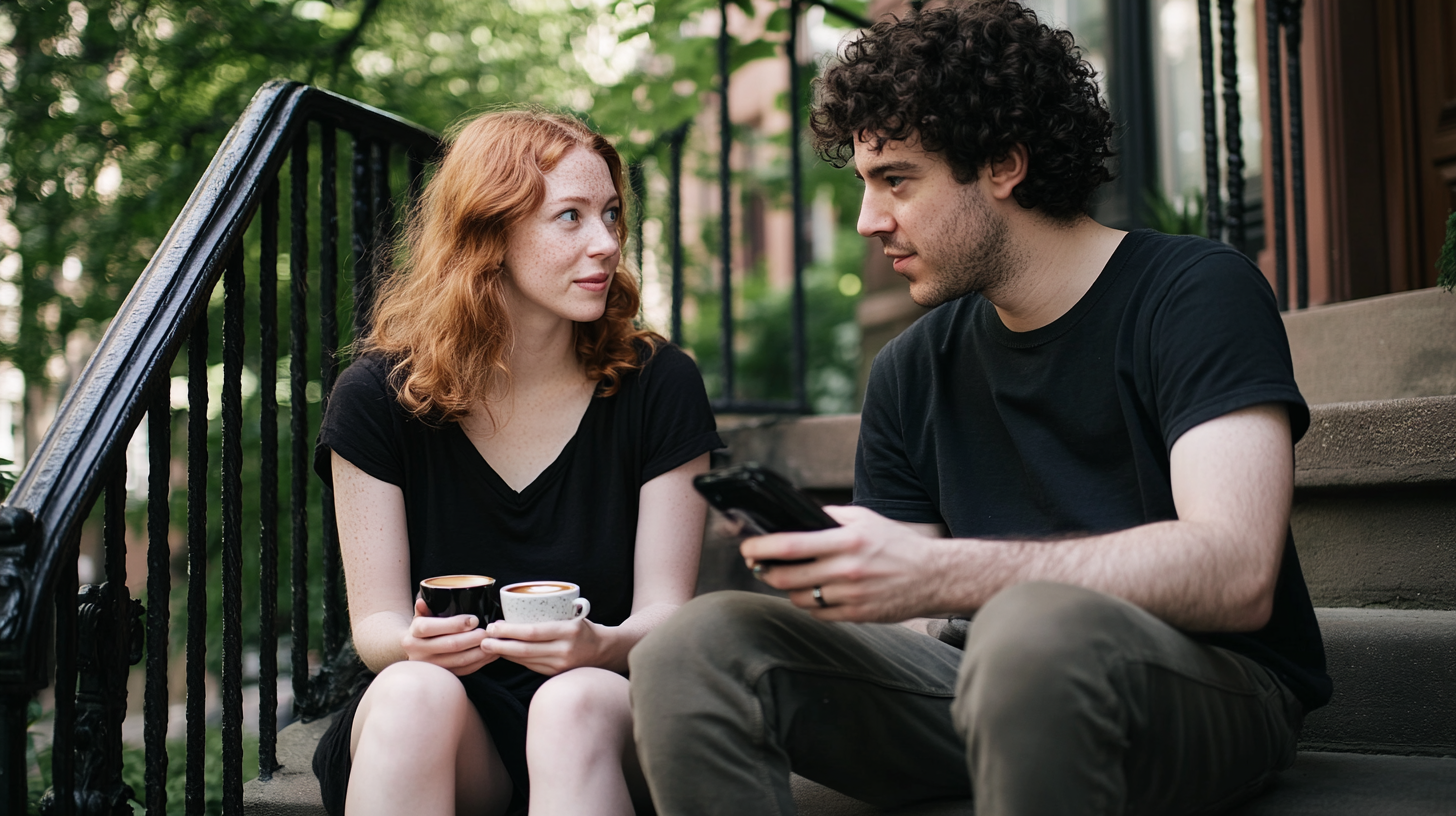 Couple on a West Village brownstone stoop, she turns toward him while he looks at his phone.