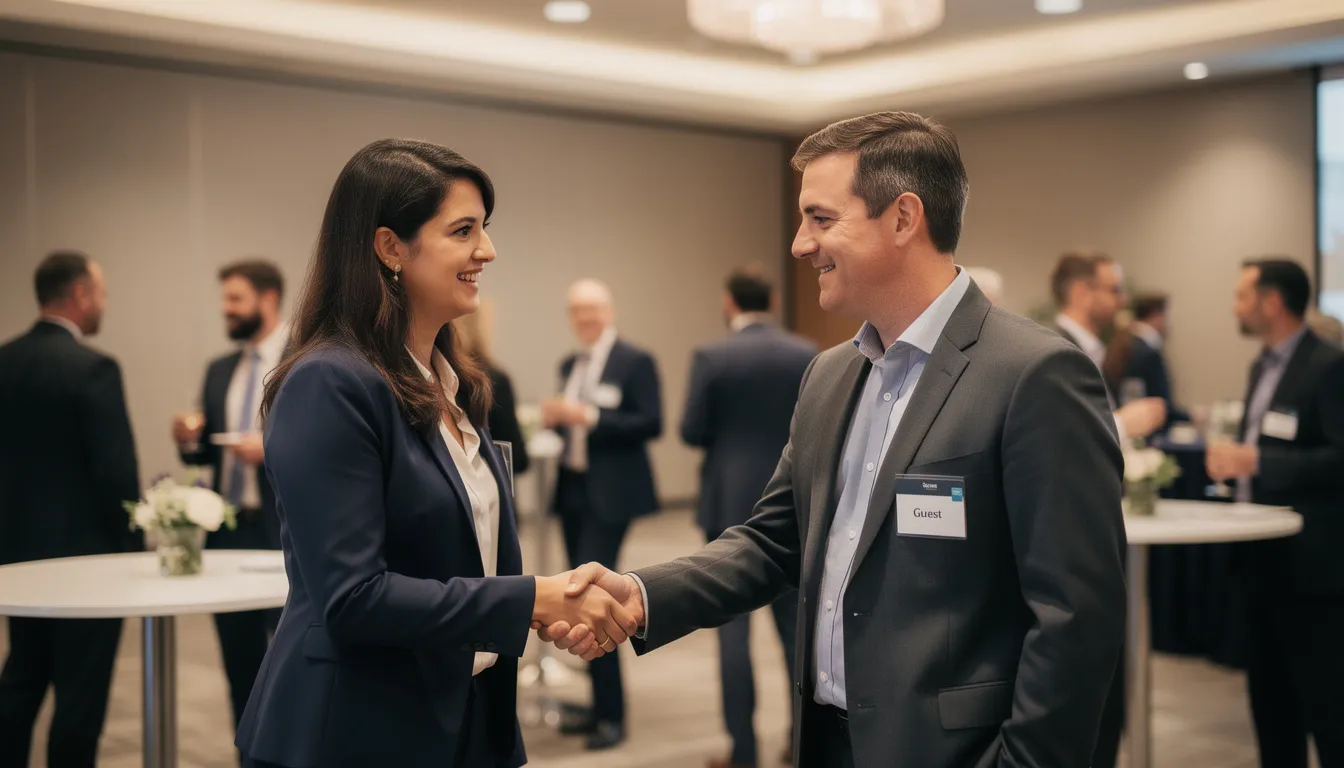 Two professionals shaking hands at a networking event, symbolizing collaboration among real estate professionals.