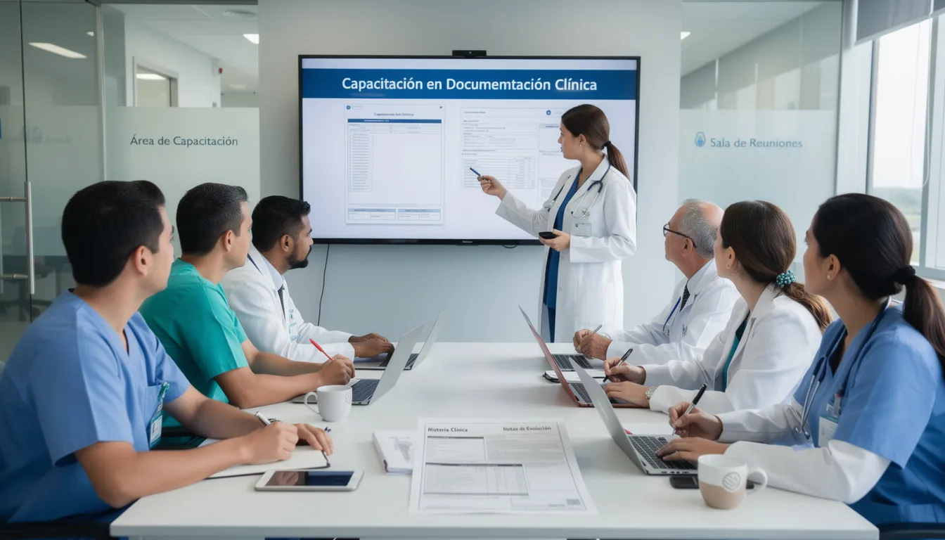 Un grupo de profesionales de la salud se reúne en una sala para recibir capacitación sobre la documentación clínica, enfocándose en la norma oficial mexicana NOM 004 SSA3 2012 y su aplicación en la gestión del expediente clínico del paciente. La reunión busca mejorar el cumplimiento de las disposiciones y recomendaciones para garantizar una atención adecuada y segura en los servicios de salud en México.