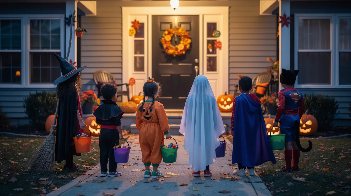 Grupa dzieci w kolorowych kostiumach związanych z Halloween stoi przed drzwiami domu wieczorem, trzymając w rękach wiaderka na słodycze. Ich przebrane postacie, w tym czarownice i potwory, tworzą radosną atmosferę nocnych obchodów "trick or treat".