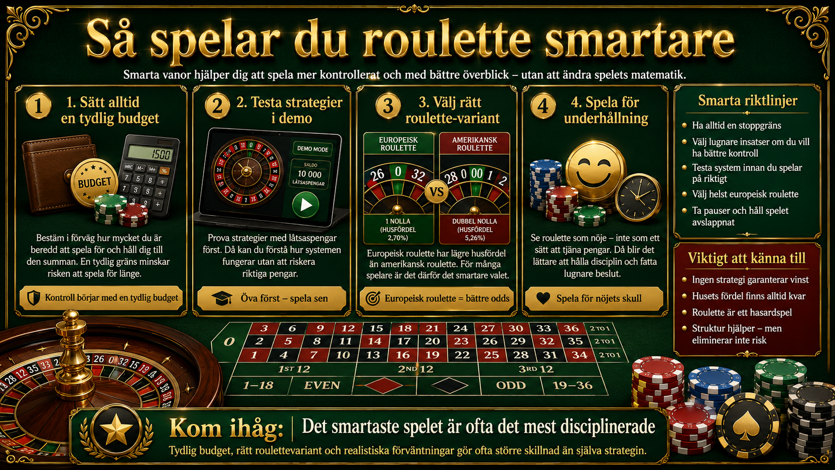 Infografik med tips för att spela roulette smartare genom budget, demo, rätt roulettevariant och ansvarsfullt spelande.