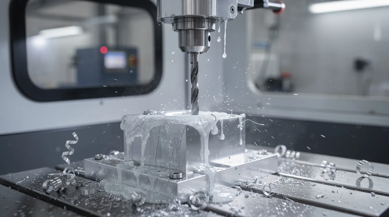 A modern CNC milling machine is actively cutting an aluminum part, with coolant flowing to keep the process cool and metal chips scattered around. This scene showcases the precision and complexity of CNC technology in the manufacturing industry, highlighting the machine's ability to perform intricate machining tasks with minimal human intervention.