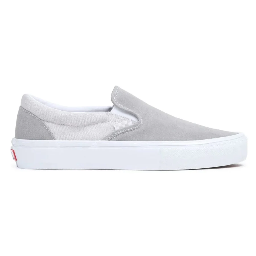 Vans Classic Slip-On Grey and White low-top sneaker with canvas and suede upper on a white rubber sole.