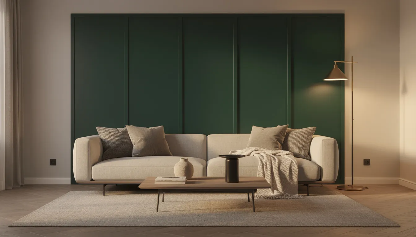 Een sfeervolle woonkamer met een donkergroen wandpaneel dat de hele muur siert, achter een stijlvolle designbank. De elegante vloerlamp zorgt voor warme belichting en benadrukt de verfijnde uitstraling van het interieur.