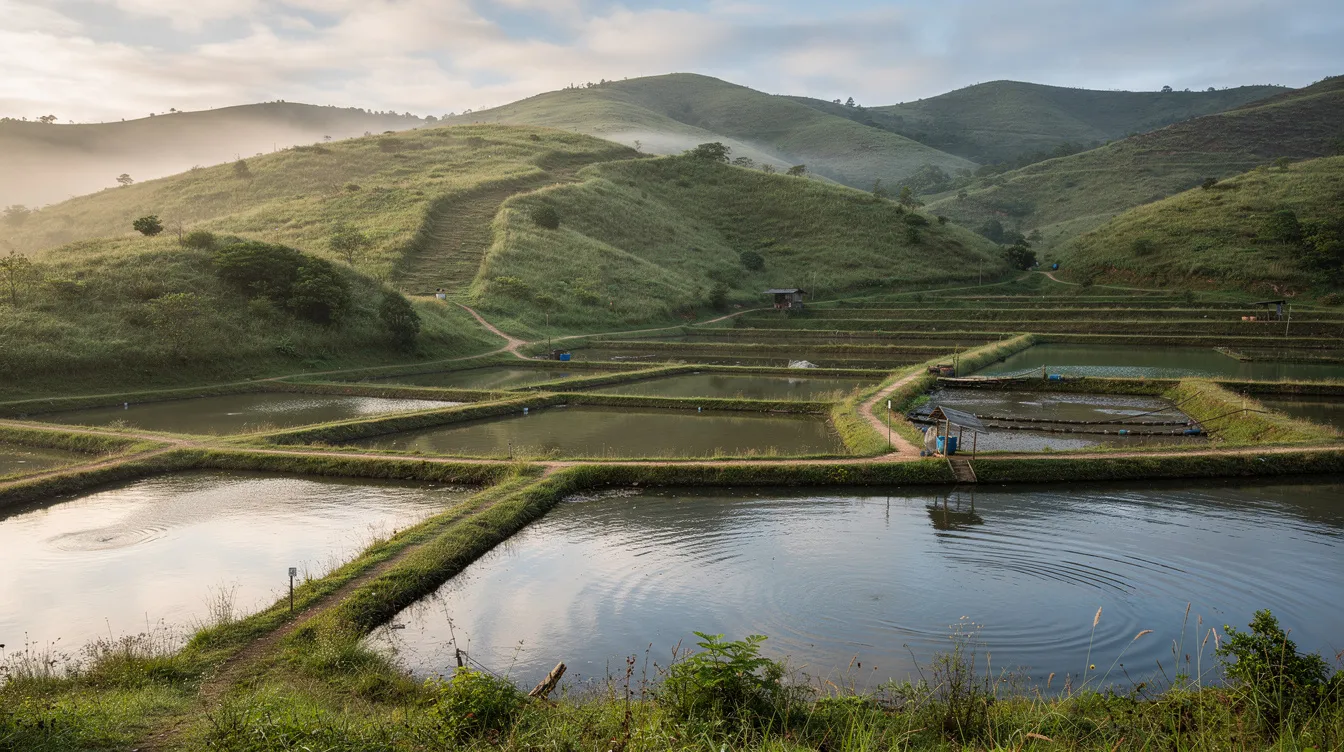 277fdc9e a291 47b0 b062 eda600a6e964 The image depicts serene fish farming ponds nestled among lush green hills, highlighting the vibrant local culture of Mizoram in Northeast India. These ponds represent significant business opportunities for local producers and aspiring entrepreneurs, contributing to sustainable agriculture and the region's economy.