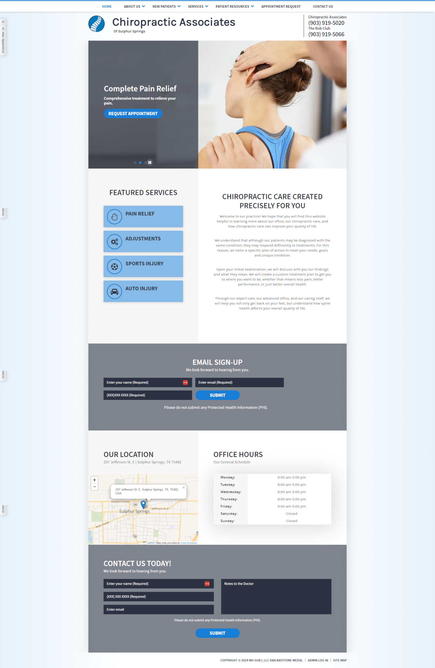 Chiropractic Associates of Sulphur Springs homepage with a simple layout, displaying a featured image of a patient receiving treatment and a clear call to action to request an appointment.