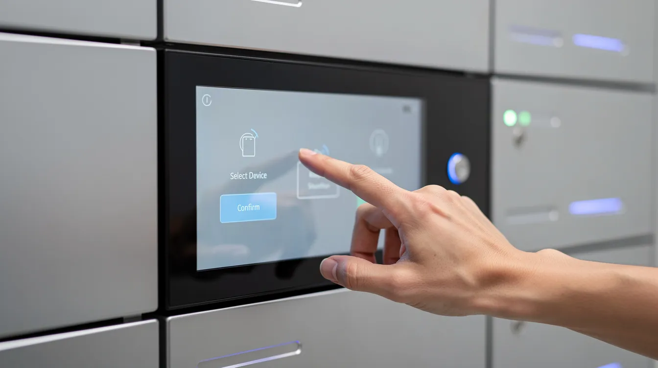 A close-up view of a person interacting with a touchscreen panel on a smart locker, checking out a device. This image highlights the use of smart locker technology for secure storage and efficient asset management in various environments, such as educational institutions and corporate offices.