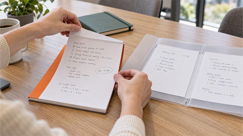 A micro-perforated A5 notepad page with meeting action points being removed and organized in a document folder.