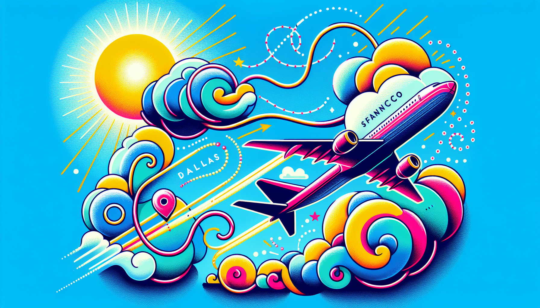 Illustration showing a plane flying from Dallas to San Francisco, highlighting the flight time from Dallas to San Francisco.