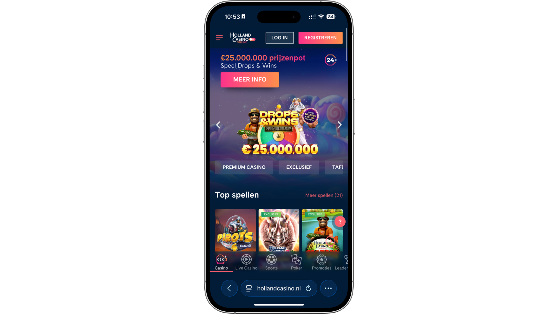 Scherm van Holland Casino Online op smartphone, voorbeeld van een legale Nederlandse casino app waar spelers online casino spellen, live casino en jackpots kunnen spelen via een mobiel casino op iOS en Android apparaten.