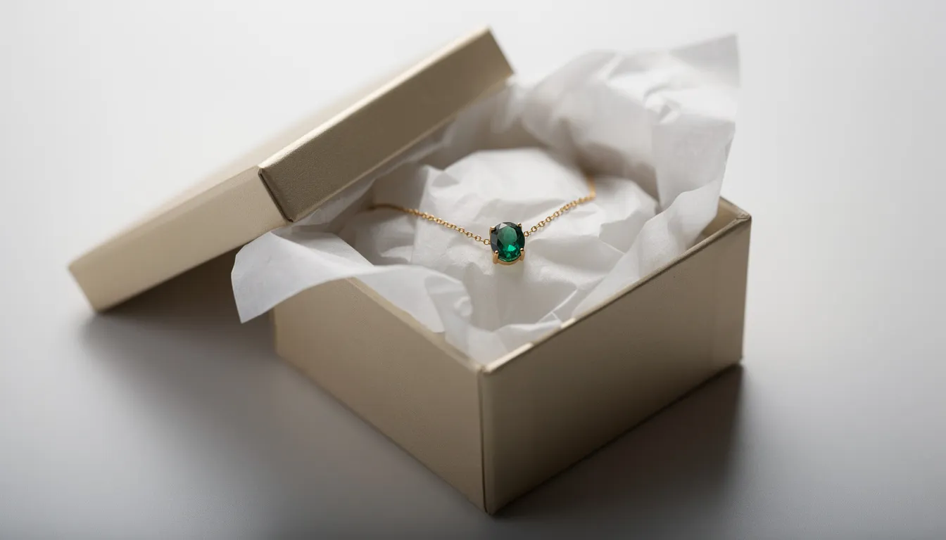 A beautifully wrapped gift box reveals a delicate necklace featuring gem quality peridot crystals, showcasing their striking yellowish green hues. The necklace is nestled in soft tissue paper, highlighting the elegance of this august birthstone, often associated with good fortune and found in volcanic regions.