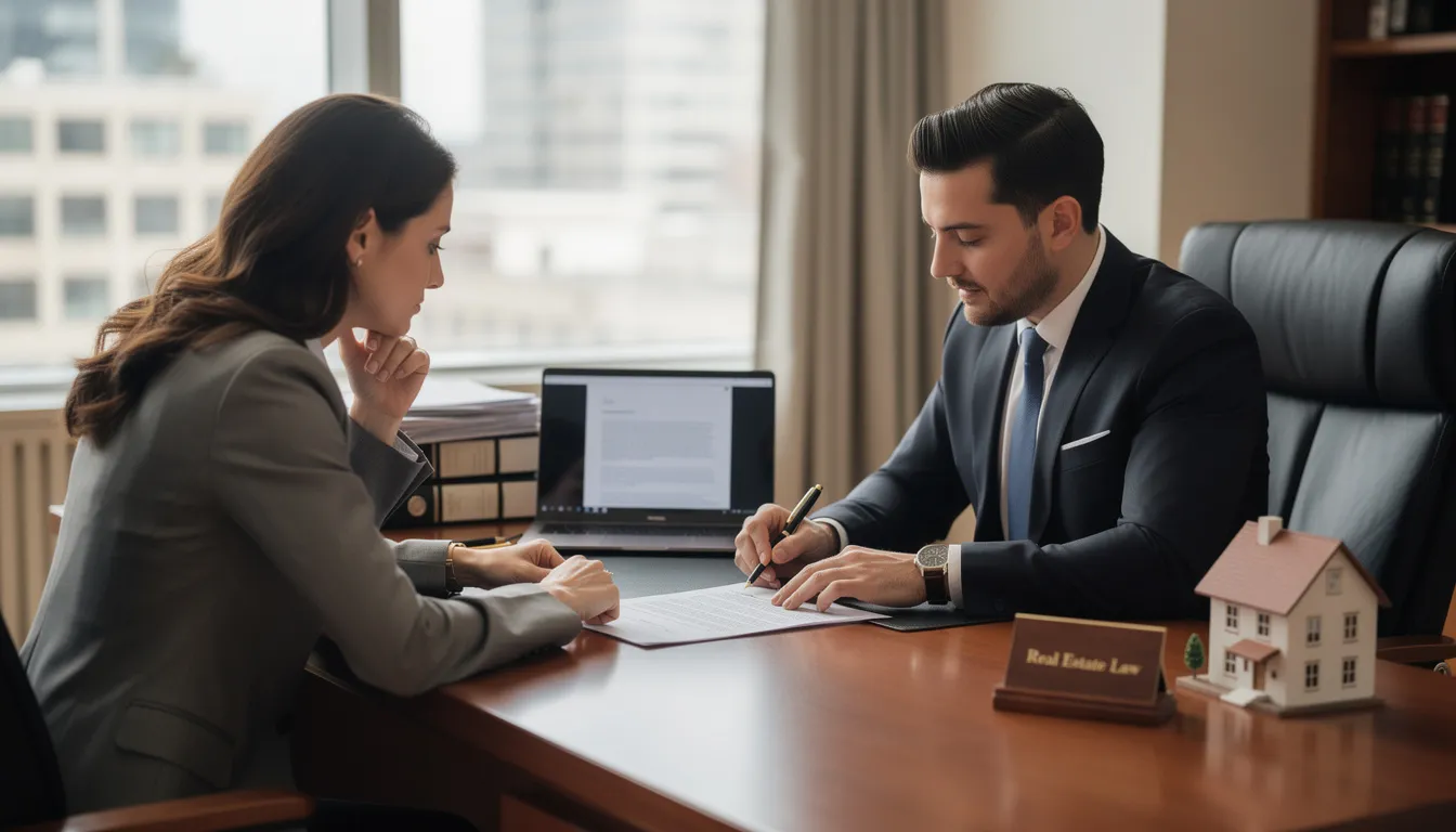 A real estate attorney reviews a contract with a client, highlighting important terms and potential red flags to avoid costly mistakes during closing.