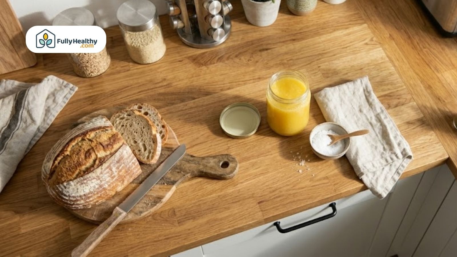 Open jar of ghee on wooden kitchen counter near sliced bread.