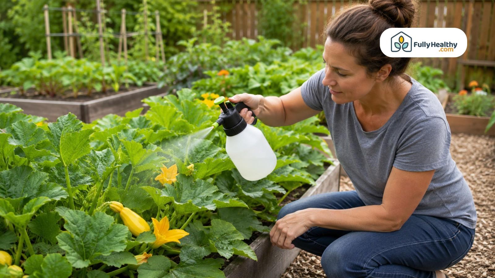 Woman spraying squash plants in raised garden bed for pest control