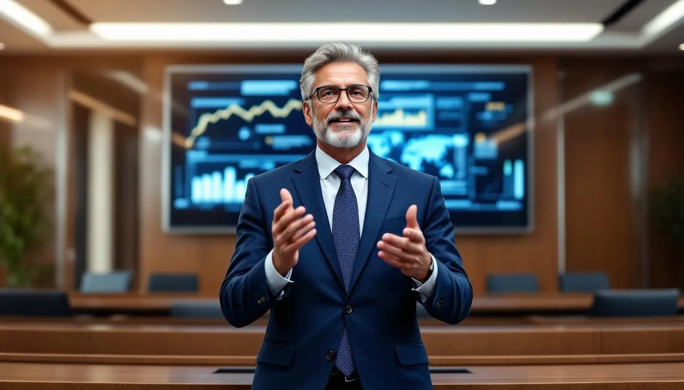 A courtroom scene illustrating property litigation with an attorney presenting a case.