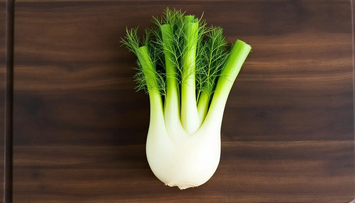 A fresh fennel bulb with feathery fronds rests on a wooden cutting board, showcasing its unique texture and vibrant green color. This herb, part of the carrot family, is often considered for its health benefits, including aiding digestion, making it a potential addition to a furry friend
