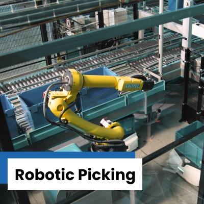 Yellow robotic arm picking items from blue totes