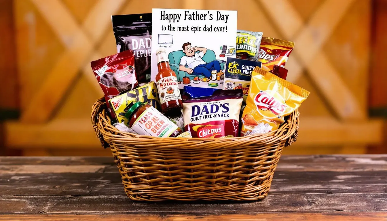 A rustic gift basket designed for Father's Day is filled with dad-themed snacks including jerky, hot sauce labeled "Tears of My Enemies," beer, and chips, all humorously tagged as "Dad Fuel." This fun collection of snacks makes for a perfect and funny Father's Day gift that will surely bring a laugh to any cool dad.