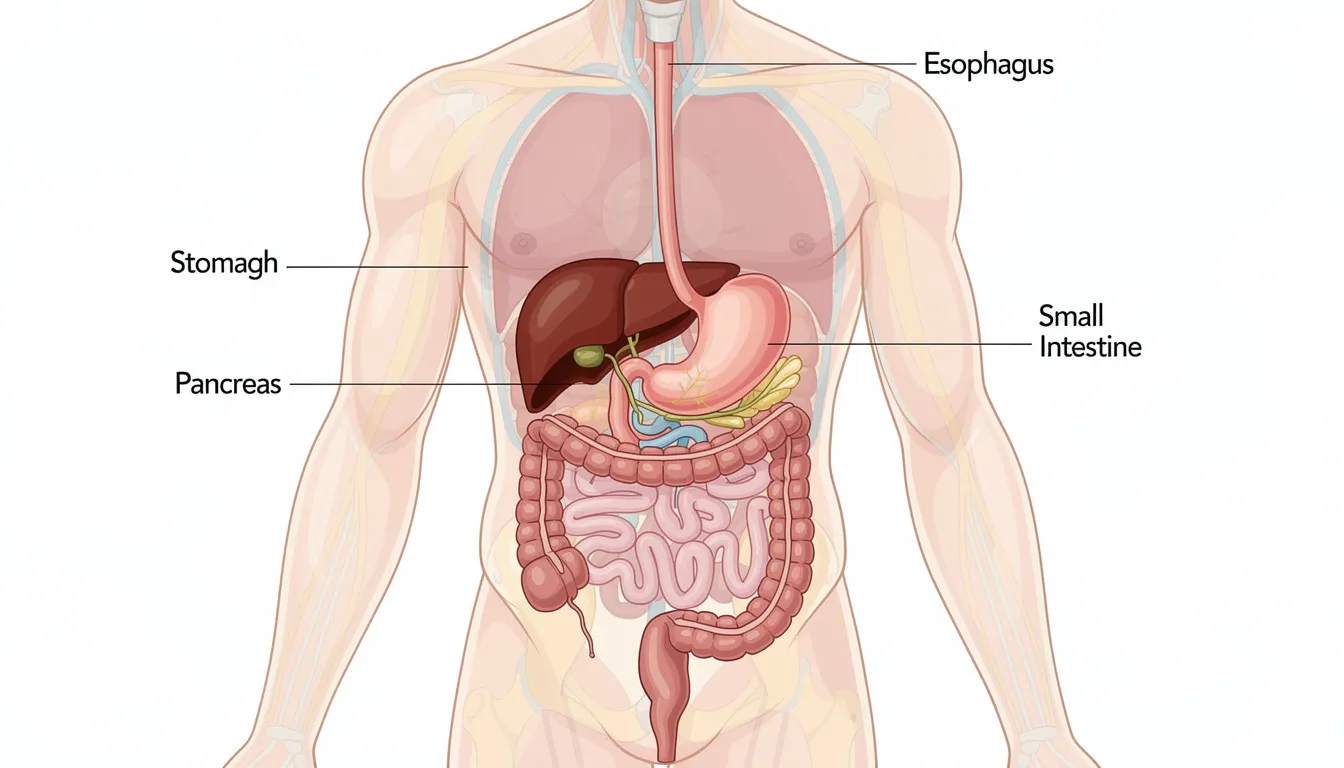 This medical illustration depicts a detailed view of a person's digestive system, highlighting the stomach and pancreas, which play crucial roles in glucose metabolism and managing blood glucose levels. The image serves to educate about the digestive processes that can be affected by treatments such as tirzepatide therapy, particularly in patients dealing with obesity and diabetes.
