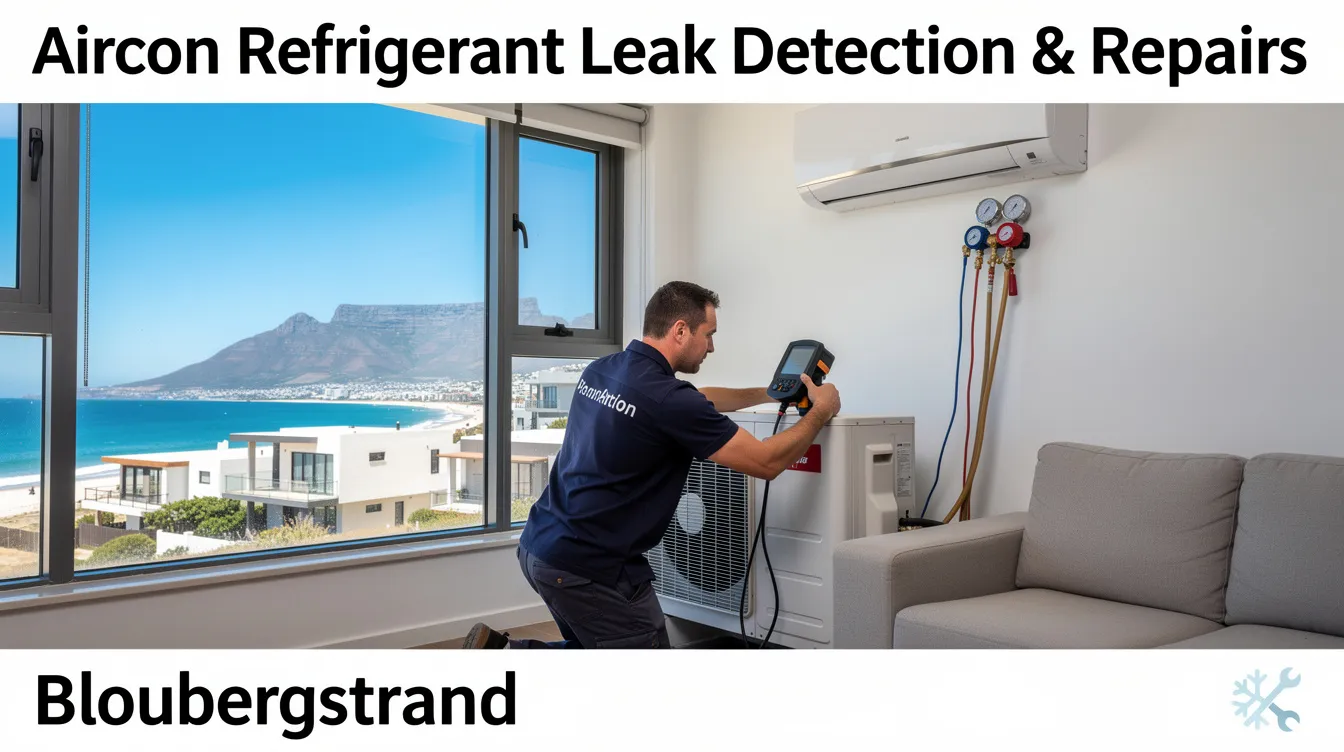 An air conditioning technician is performing refrigerant leak detection and repairs on an outdoor unit in Bloubergstrand, Cape Town. The technician is focused on ensuring the air conditioning system operates efficiently, providing comfortable cooling for homes and vehicles.