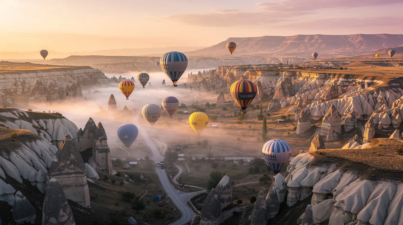 Un grupo de globos aerostáticos vuela al amanecer sobre los valles rocosos de Capadocia, creando un espectáculo de colores en el cielo. Las chimeneas de hadas y el paisaje natural de Turquía se pueden apreciar desde las alturas, ofreciendo vistas impresionantes a los viajeros.