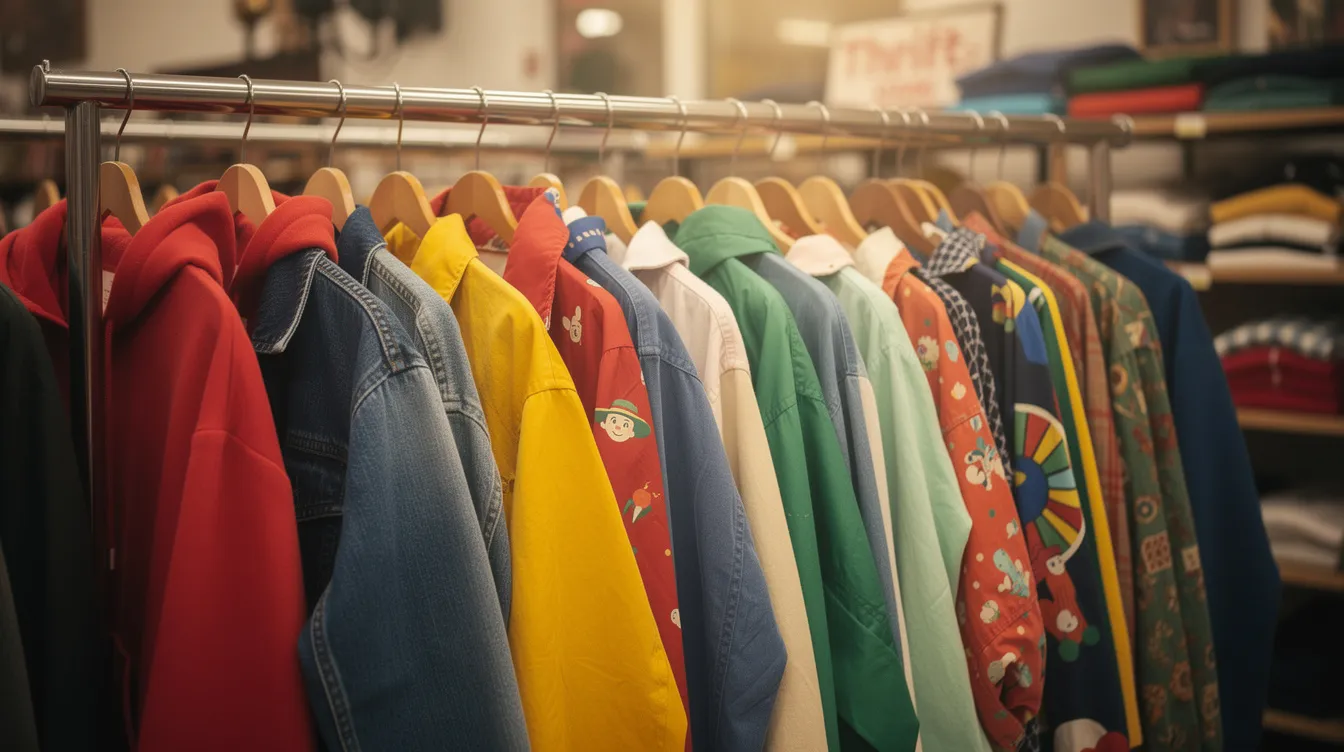 A vibrant collection of secondhand jackets and hoodies is displayed on a rack in a thrift store, offering a variety of styles and colors perfect for back to school shopping on a budget. This scene highlights the opportunity for families to save money while finding new clothes for the upcoming school year.