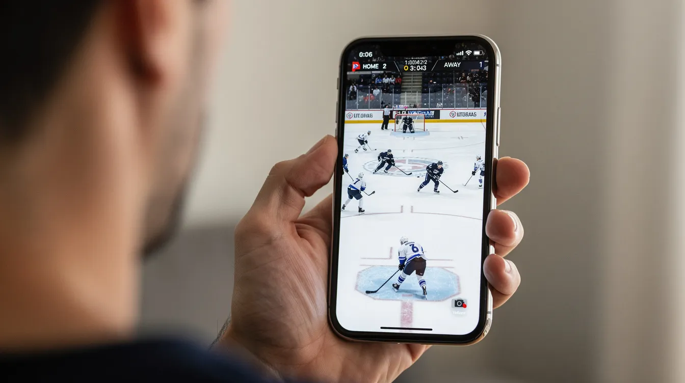 En person sitter och tittar på en hockeymatch på sin mobiltelefon, förmodligen en av Stanley Cup-finalerna 2026. I bakgrunden hörs ljudet av jubel från publiken, vilket skapar en känsla av spänning och engagemang för spelet.