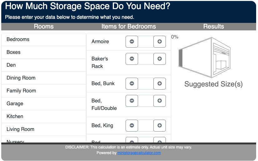 A picture of a self storage website with an interactive unit size calculator