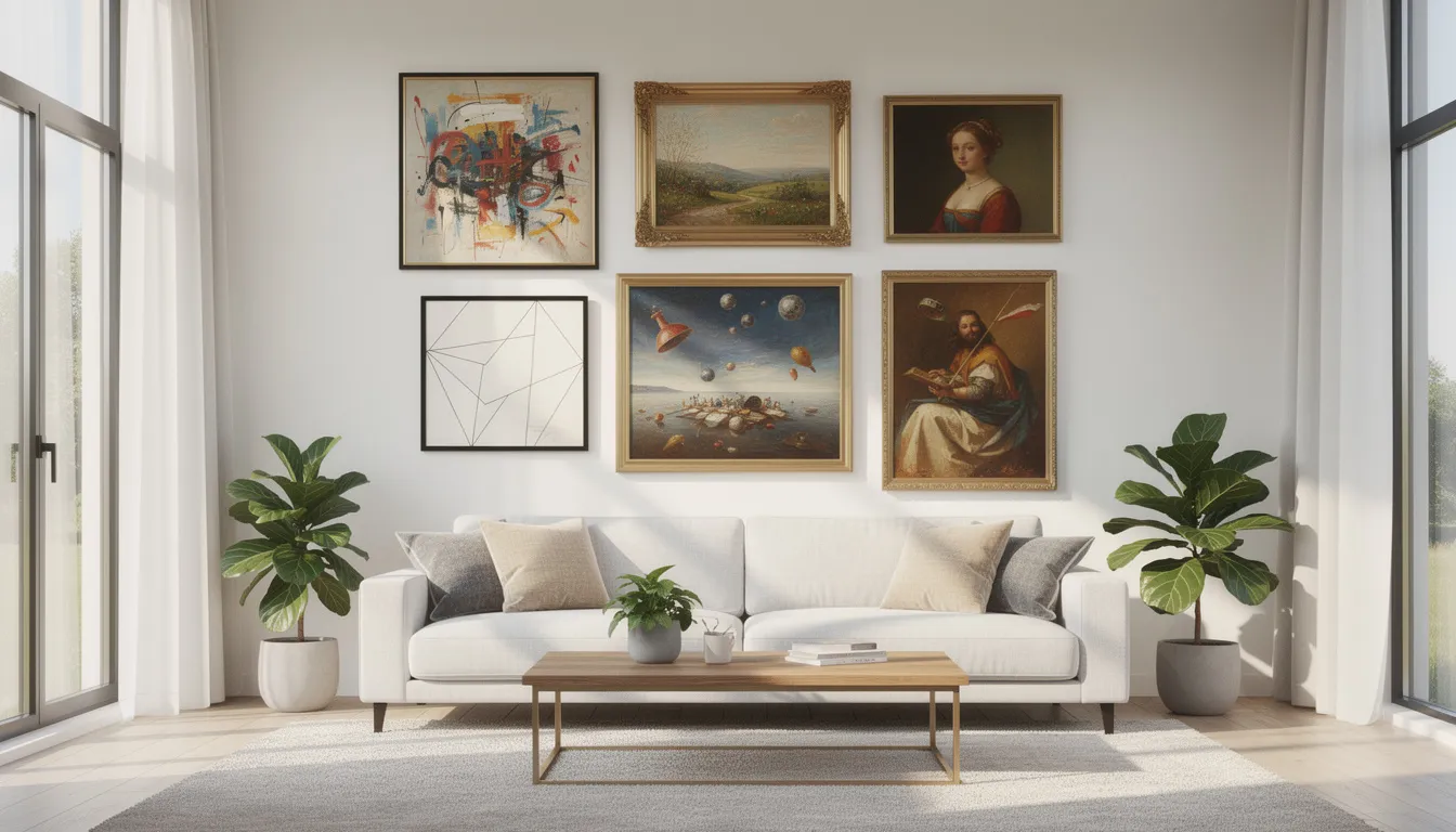La imagen muestra una pared vibrante en la sala de estar adornada con una galería de varios estilos de pintura, incluyendo arte abstracto y carteles vintage, creando un ambiente acogedor. Esta colección de arte mural sirve como un llamativo centro decorativo que exhibe la belleza y el encanto de diferentes impresiones artísticas que realzan toda la habitación.