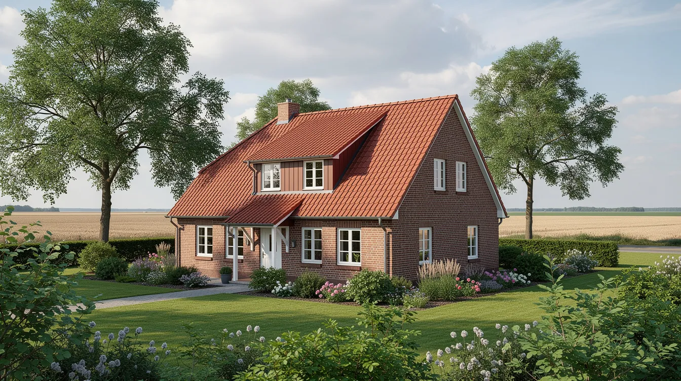 Das Bild zeigt ein gemütliches Einfamilienhaus in einer malerischen norddeutschen Landschaft, umgeben von einem grünen Garten mit Bäumen. Die harmonische Umgebung spiegelt ein ruhiges Leben wider, das an die Werte von Heimat und Natur erinnert.