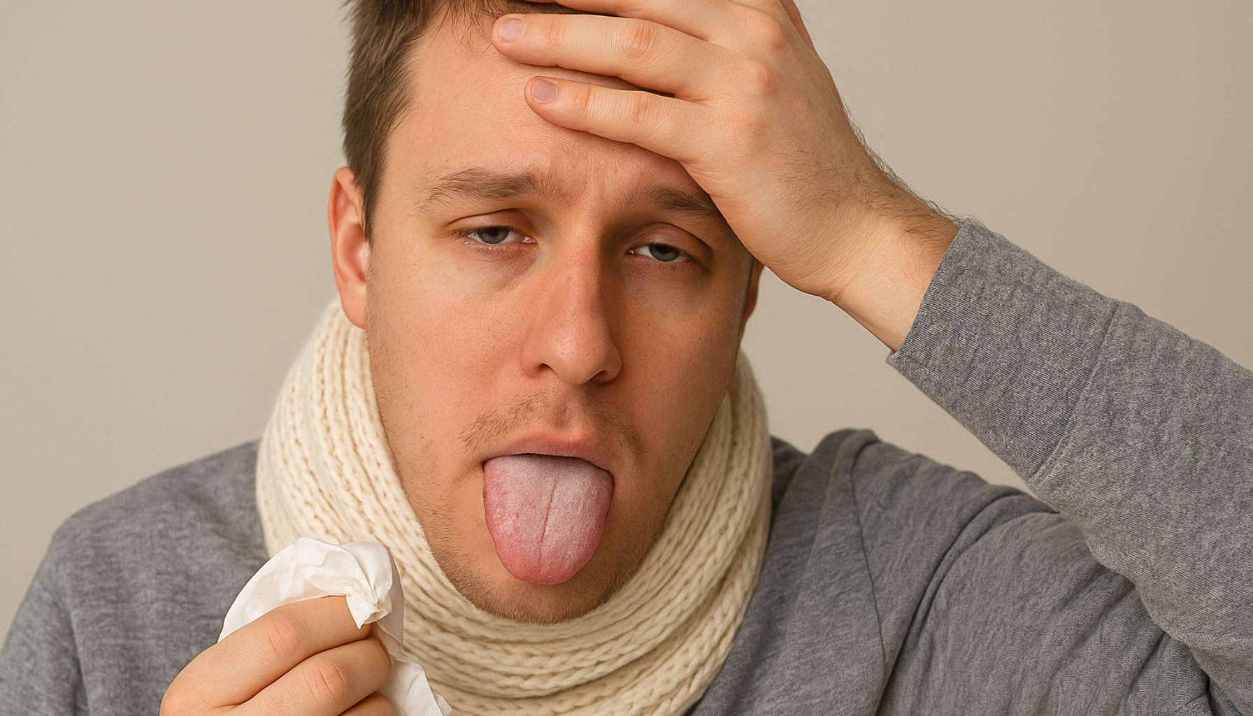 Hvitt belegg på tunga ved forkjølelse: Ufarlig, men verdt å følge med på 10 Syk mann med hvitt belegg på tungen, sliten i ansiktet og med skjerf rundt halsen.