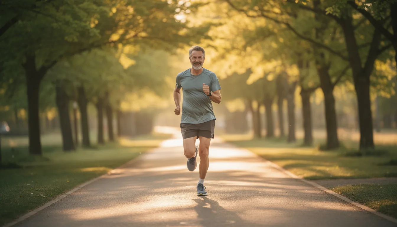 A middle-aged person jogs along a tree-lined path during golden hour, symbolizing an active lifestyle that promotes cardiovascular health. This scene highlights the importance of physical activity in reducing cardiovascular disease risk factors and improving overall well-being.