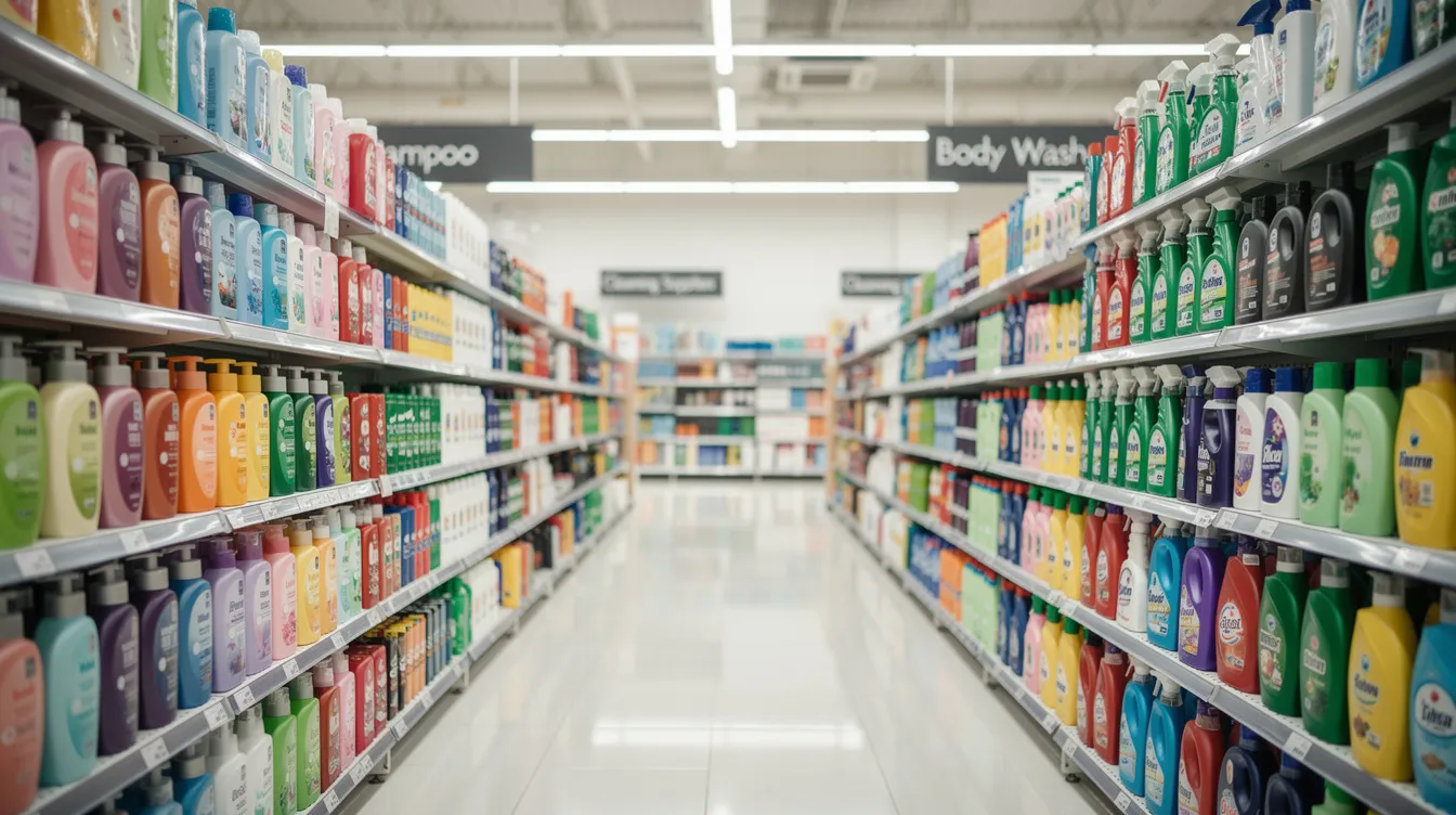 The image depicts a modern supermarket aisle filled with neatly arranged shelves showcasing a variety of colorful bottles containing shampoo, body wash, and cleaning products. These personal care and cleaning products, featuring ingredients like benzalkonium chloride and 聚氧乙烯醚, are designed to meet diverse consumer needs in personal hygiene and household cleaning.